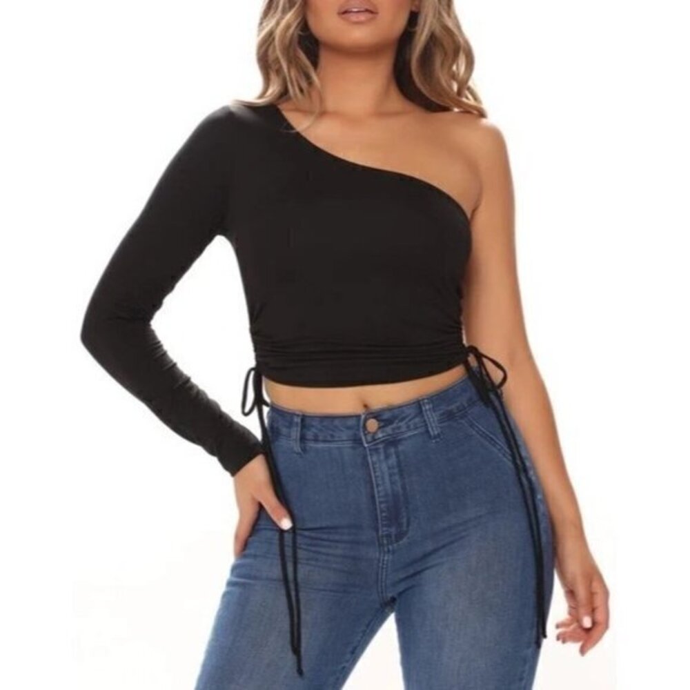 Ambiance One Shoulder Black Crop Top Size Large RefFNB